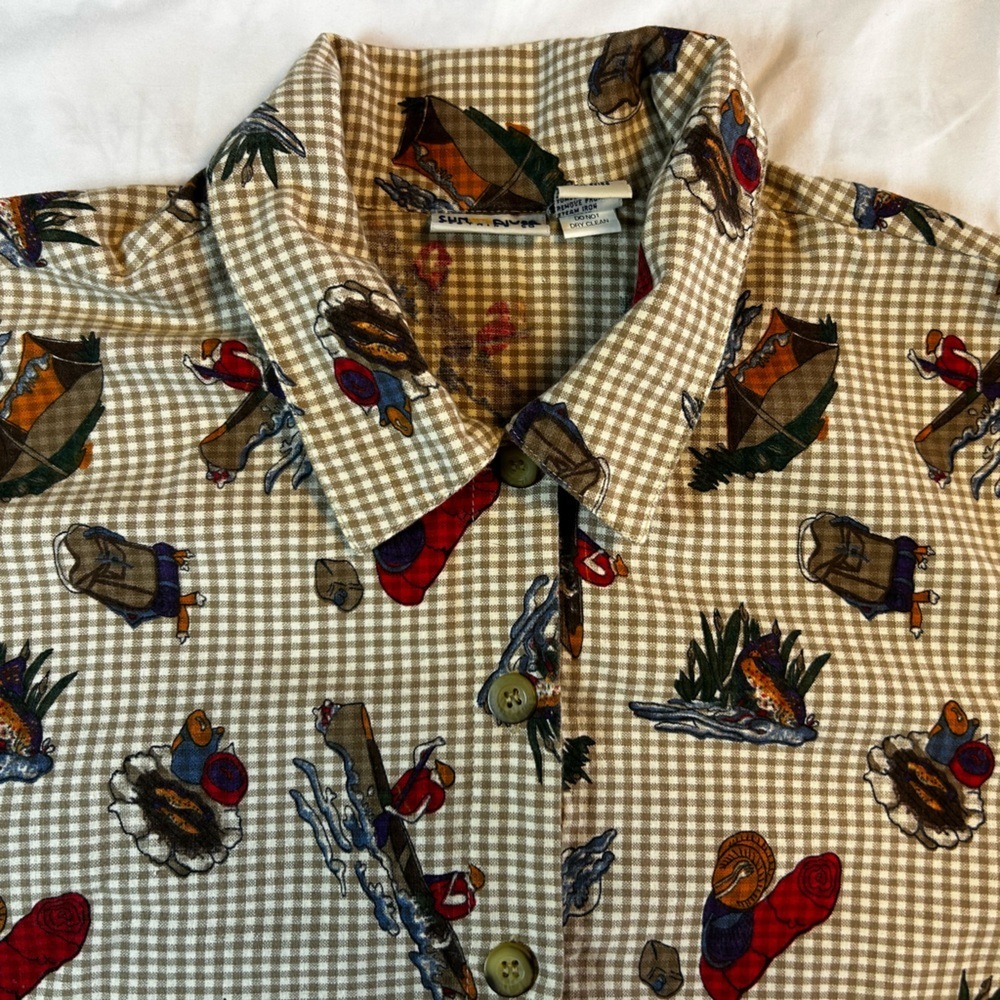 Adorable Vintage Camping Themed Buttondown XL